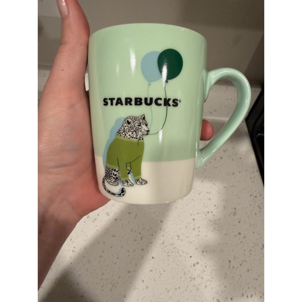 Starbucks 2020 Leopard in Sweater Balloons Mint Green Ceramic Mug 10oz Cup